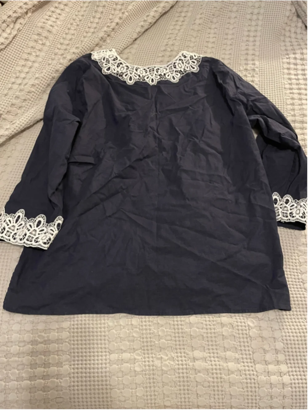 Preston & York Navy White Lace Trim Linen Blouse Size 16 resort wear nautical